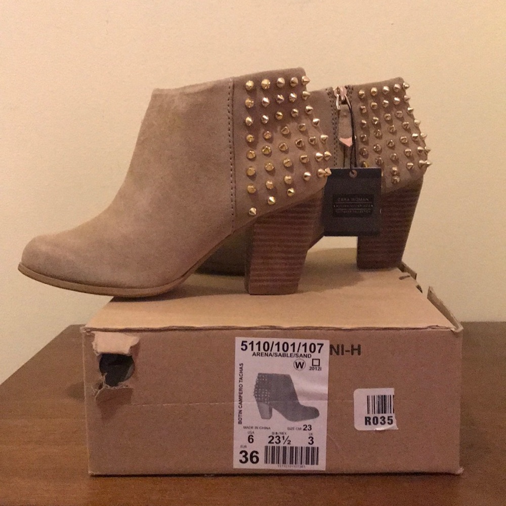 Zara Tan suede Booties with Gold Studs